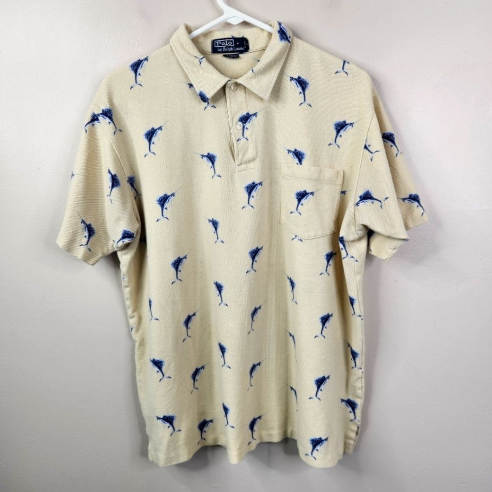 Polo Ralph Lauren Vintage Mens Short Sleeve Marlin AOP Cotton Polo Short Large